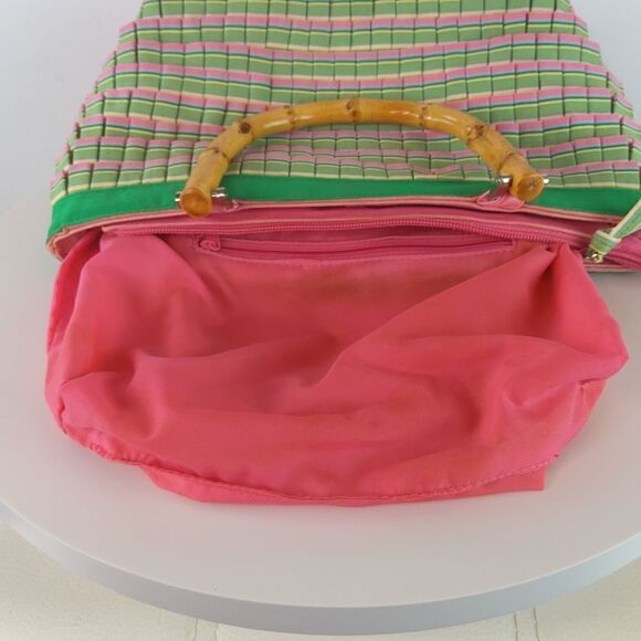 And pink plaid ruffled zip top handbag with faux w - Picture 14 of 17